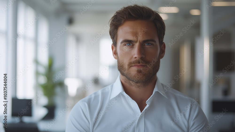 Naklejka premium man with short brown hair and a white shirt is looking directly at the camera