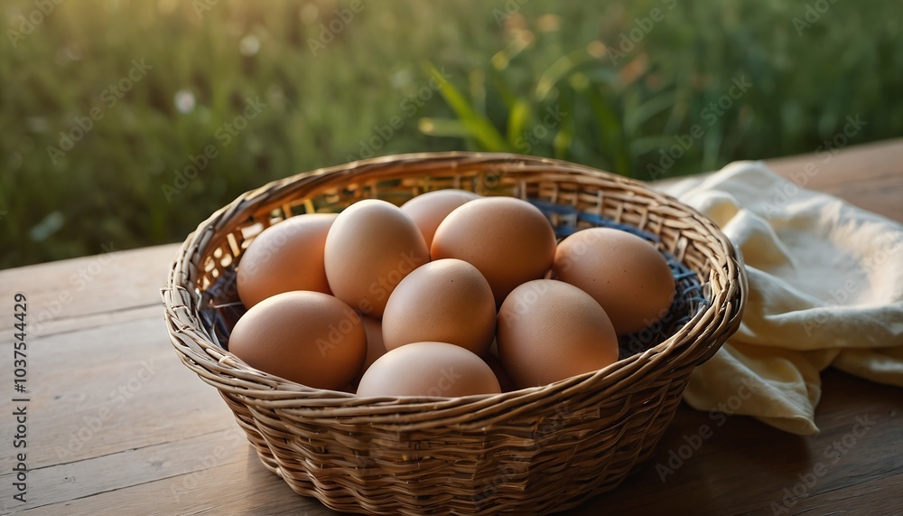 A wicker basket filled with eggs. A wicker basket filled with eggs.