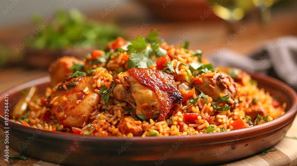 Rice with chicken in a drum yum foods stew on the dinner plate Rice with chicken in a drum yum foods stew on the dinner plate