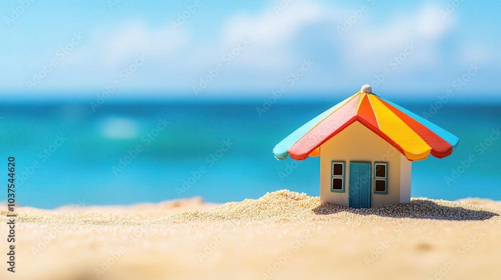 Beach House Dreams: A vibrant miniature beach house sits on a sandy shore, under a sunny sky, symbolizing vacation dreams and coastal living. Beach House Dreams: A vibrant miniature beach house sits on a sandy shore, under a sunny sky, symbolizing vacation dreams and coastal living.