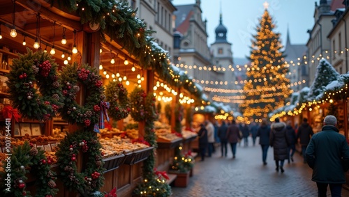 Festive Christmas market in historic town square with handmade ornaments and glowing lights