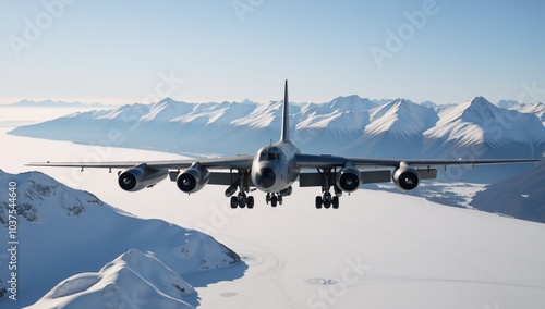 A Soviet Tupolev Tu-95 bomber soars over snow-covered mountains photo