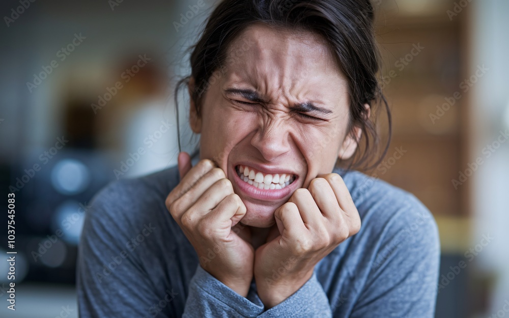 a person with a grimace of discomfort. They are holding their jaw, which is a common signal of dental pain. a person with a grimace of discomfort. They are holding their jaw, which is a common signal of dental pain.