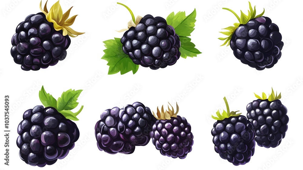 set of blackberry fruits isolated on white background set of blackberry fruits isolated on white background