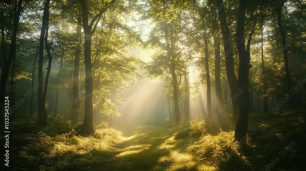 Fototapeta premium Sunlight Through the Trees: A mystical, ethereal scene unfolds in a dense forest, where sunlight streams through the canopy, casting long shadows on the woodland path.