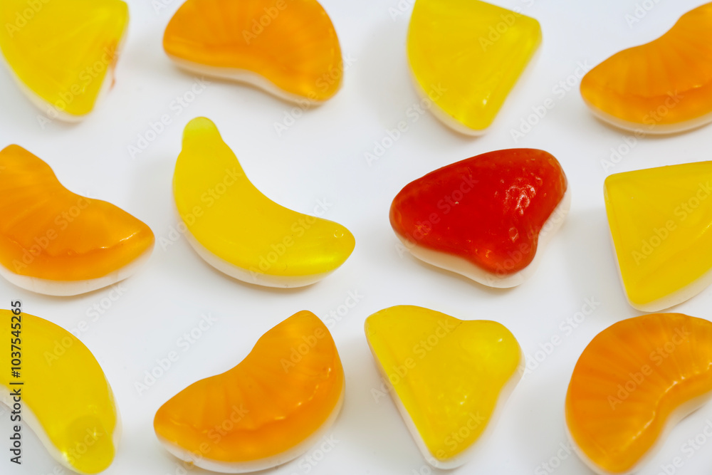 Fresh jelly fruit candies on the white background Fresh jelly fruit candies on the white background