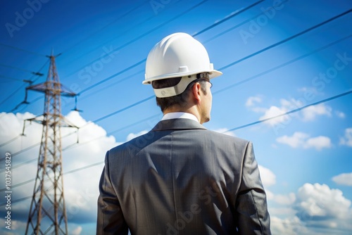 Businessman in a suit and hard hat assessing electrical power lines outside. Generative AI