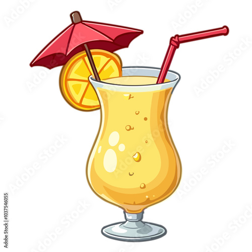 Tropical cocktail with umbrella and straw, vector illustration of pina colada