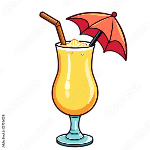 Yellow cocktail with umbrella and straw, vector illustration of tropical drink