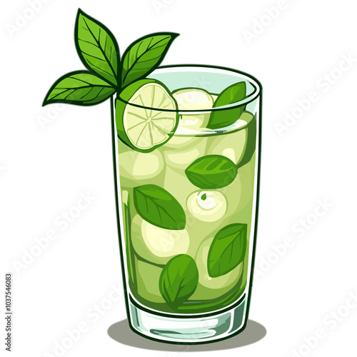 Mojito cocktail with lime and mint, vector illustration of Cuban drink
