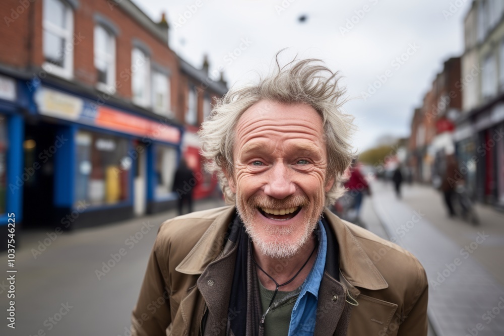 Portrait of a happy senior man with grey hair and beard in the street. Portrait of a happy senior man with grey hair and beard in the street.