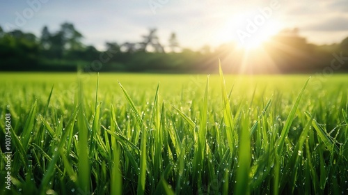 Golden Hour Meadow: Close-up view of lush green grass glistening with morning dew, bathed in the warm light of sunrise. 