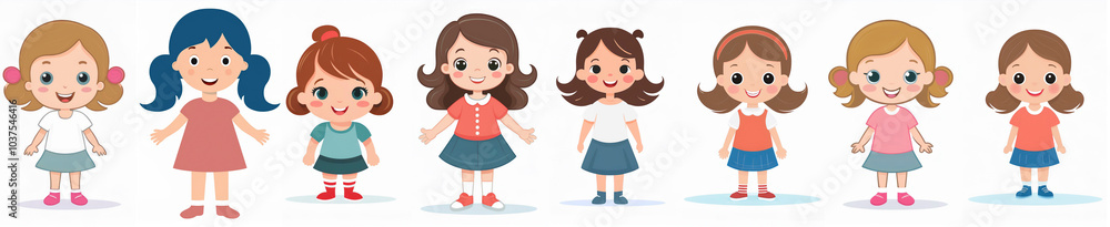 Diverse group of cute cartoon girls posing together Diverse group of cute cartoon girls posing together