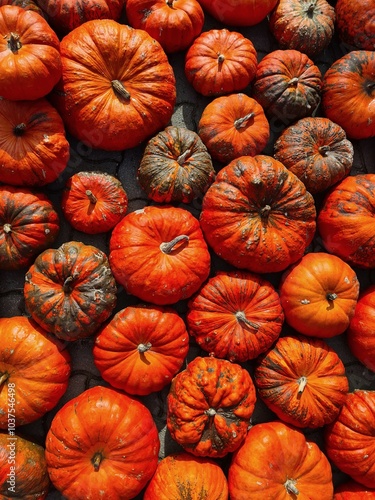 ocean of red fresh harvested pumpkins of different size presented in sunny autumn weather photo