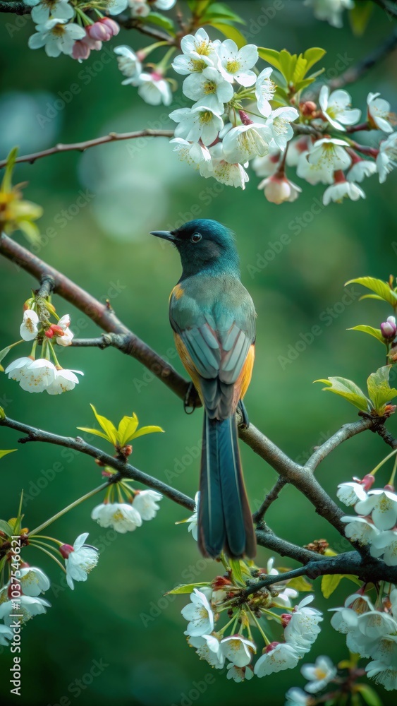 A bird with a stunning tail perched on blossoming cherry tree branches in spring. Generative AI A bird with a stunning tail perched on blossoming cherry tree branches in spring. Generative AI