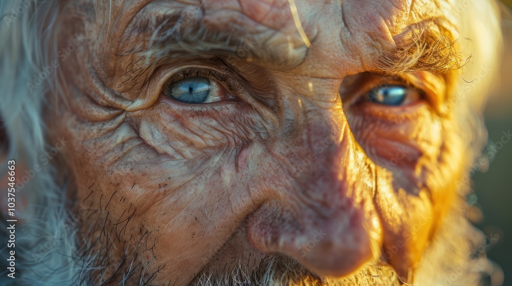 Close-up of an elderly man's face with wrinkles and beard Close-up of an elderly man's face with wrinkles and beard