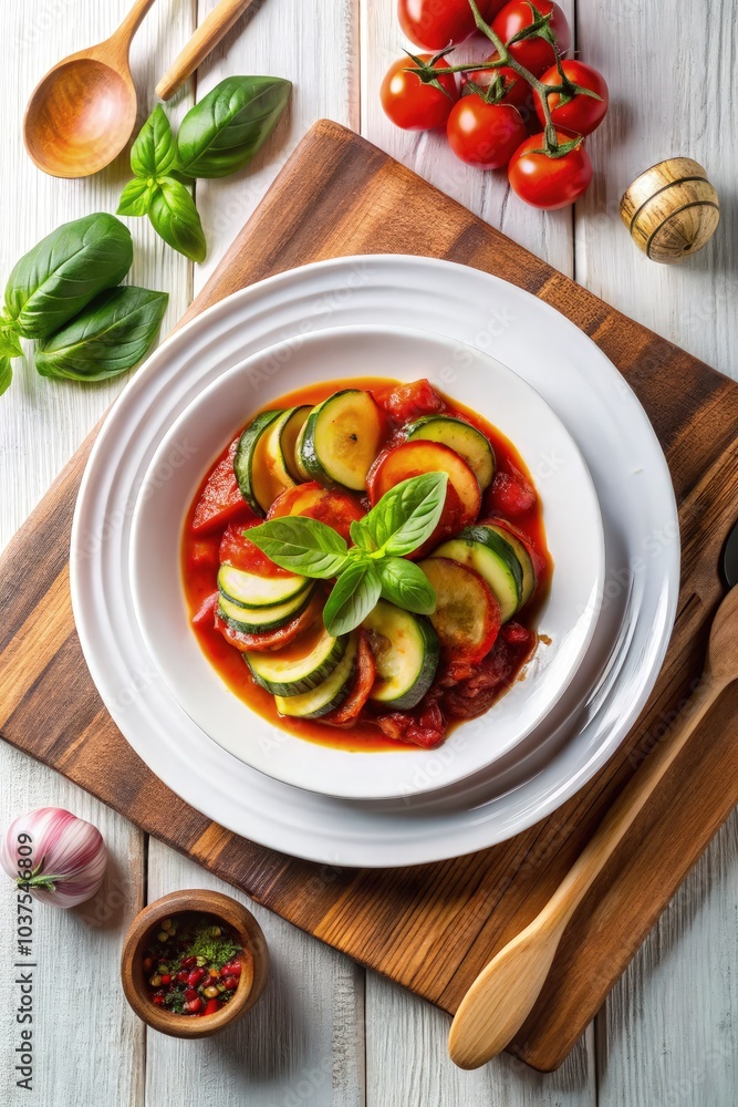 Delicious ratatouille served with vibrant vegetable sauce on a wooden table. Generative AI Delicious ratatouille served with vibrant vegetable sauce on a wooden table. Generative AI