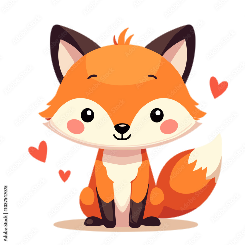 Cute cartoon fox with hearts, cheerful mood, sitting pose against white background Cute cartoon fox with hearts, cheerful mood, sitting pose against white background