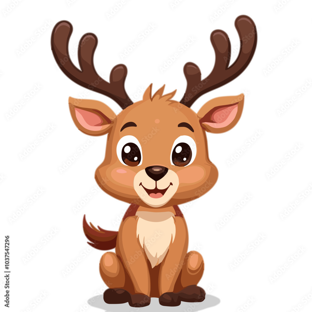 Cute cartoon deer, cheerful expression, sitting pose on white background Cute cartoon deer, cheerful expression, sitting pose on white background