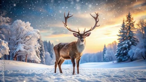 Reindeer standing gracefully in winter snow at sunset in snowy landscape. Generative AI