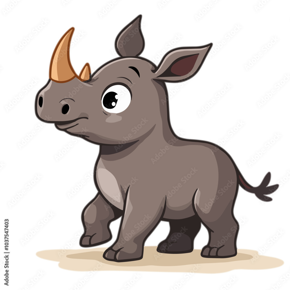 Fototapeta premium Baby cartoon rhinoceros with small horn standing against light background