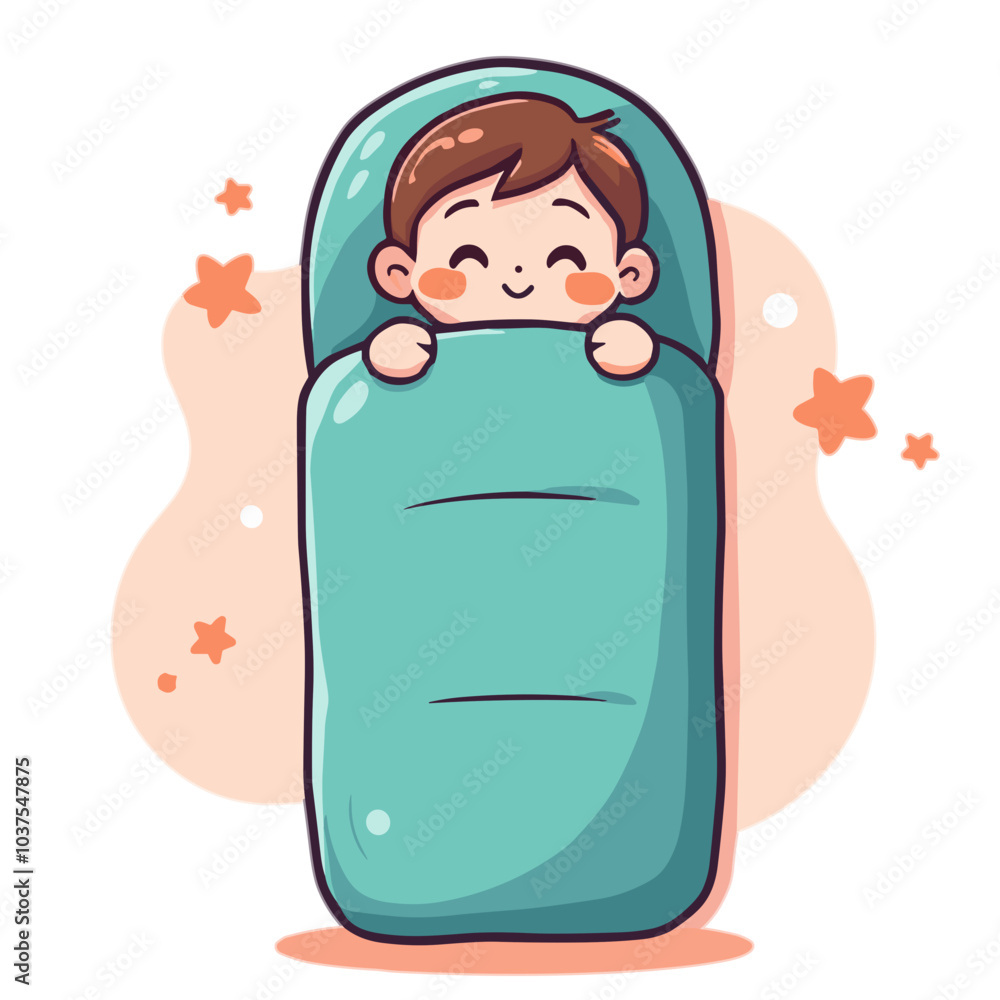 Cartoon child sleeping happily in teal sleeping bag, bedtime illustration Cartoon child sleeping happily in teal sleeping bag, bedtime illustration