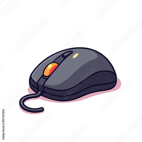 Black computer mouse with red button, wired input device