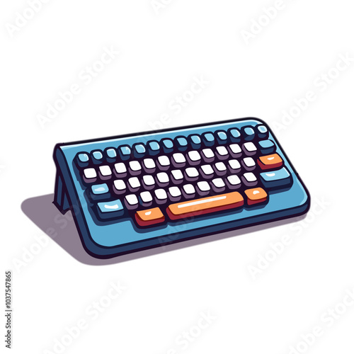 Retro blue computer keyboard with orange keys, vintage technology illustration