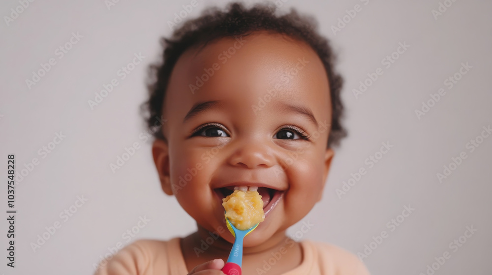 Joyful baby eating with a spoon: capturing pure delight and cuteness Joyful baby eating with a spoon: capturing pure delight and cuteness
