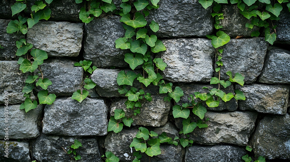 An outdoor garden wall design incorporating natural stone and creeping ivy. An outdoor garden wall design incorporating natural stone and creeping ivy.