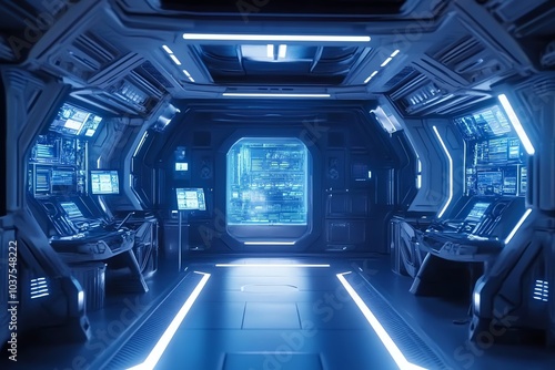 Fond d'écran high-tech d'une salle de contrôle bleue dans un vaisseau spatial
