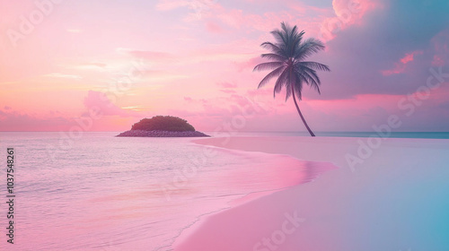 Beach with pink and blue gradient sky, white sand, and small island with palm trees