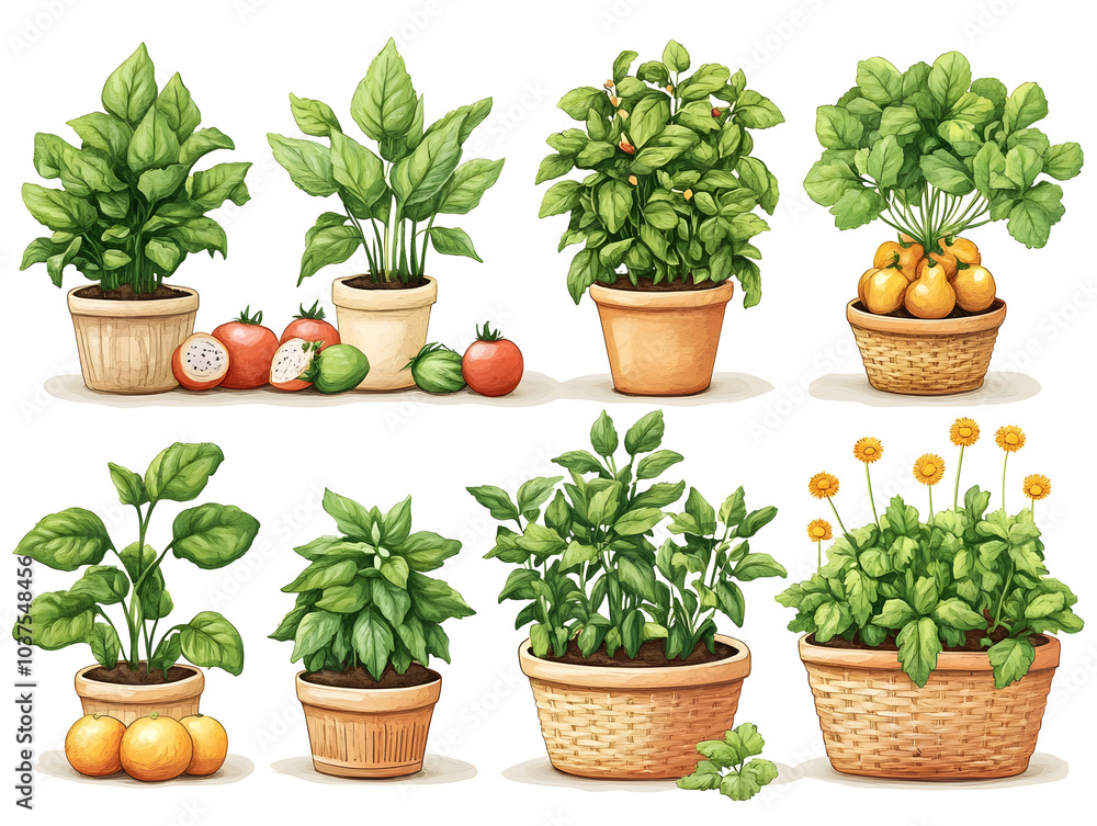Obraz premium Vibrant Home Gardening with Colorful Pots and Fresh Herb Collection