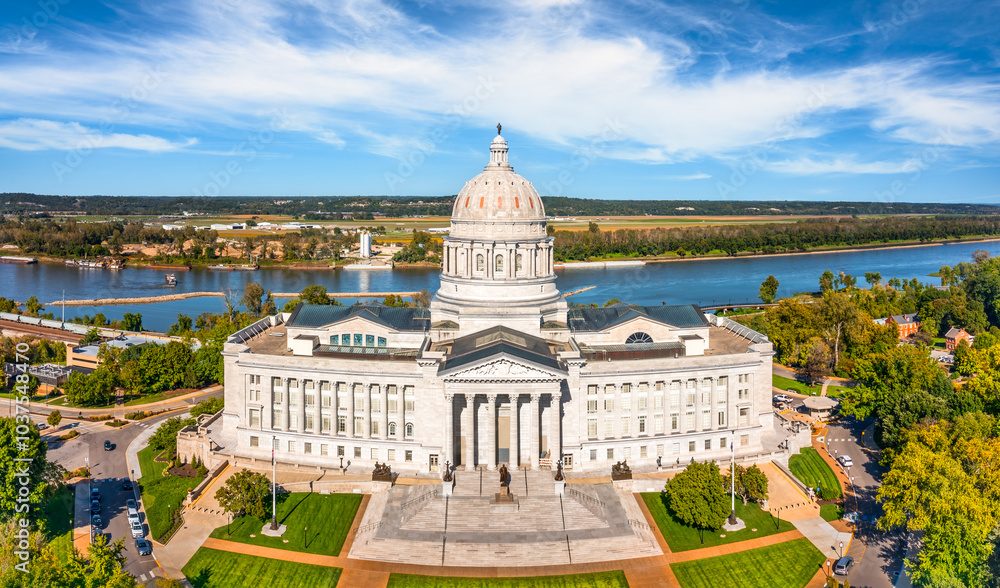 Aerial view of Missouri State Capitol, in Jefferson City. The Missouri State Capitol is the home of the Missouri General Assembly and the executive branch of government of the U.S. state of Missouri