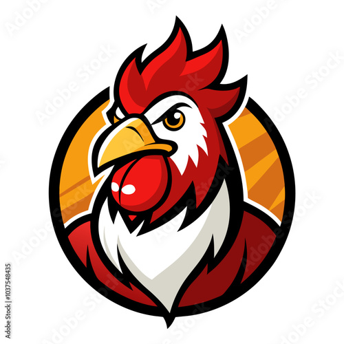 Isolated cartoon rooster vector illustration, a cute farm bird with a distinct beak and colorful feathers, is isolated on a white background