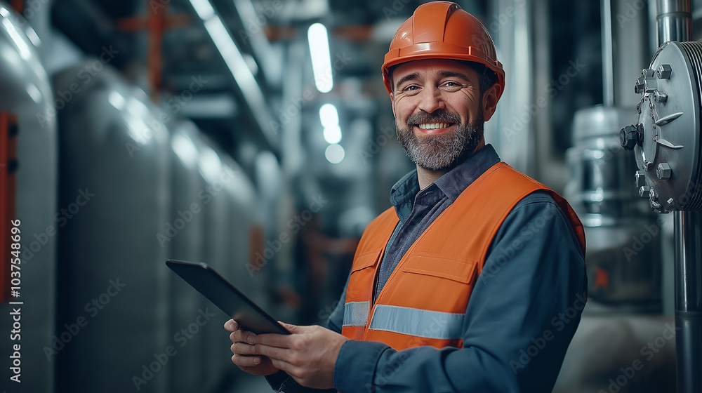 smiling man in an orange hard hat and vest, holding a tablet, in a large industrial room with pipes and machinery smiling man in an orange hard hat and vest, holding a tablet, in a large industrial room with pipes and machinery