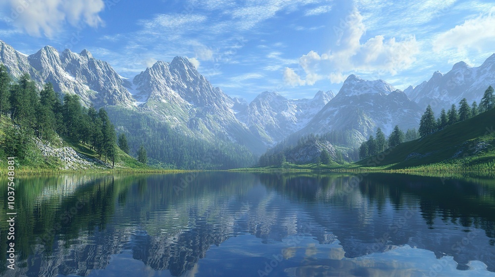 Serene Mountain Lake: Tranquility and beauty reign supreme as a serene mountain lake reflects the majestic snow-capped peaks and lush green forests in a breathtaking landscape. Serene Mountain Lake: Tranquility and beauty reign supreme as a serene mountain lake reflects the majestic snow-capped peaks and lush green forests in a breathtaking landscape.