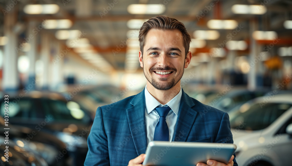 Smiling business professional holding a tablet in an industrial car manufacturing setting, representing success, technology, and industry leadership. The background shows a modern auto production line Smiling business professional holding a tablet in an industrial car manufacturing setting, representing success, technology, and industry leadership. The background shows a modern auto production line