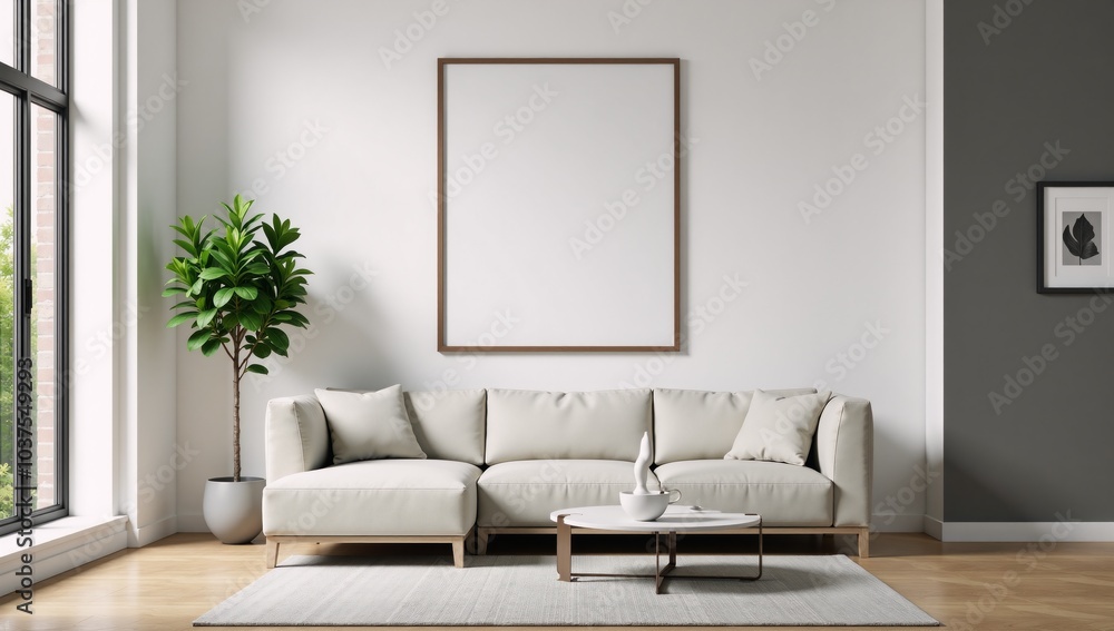 Mockup of modern interior design featuring living room wall and house background on an ISO A paper-sized frame Mockup of modern interior design featuring living room wall and house background on an ISO A paper-sized frame