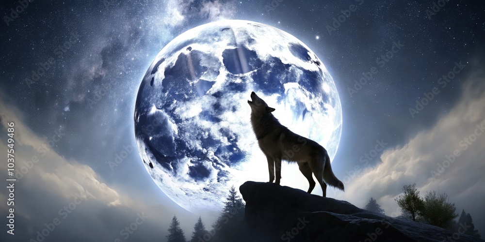 A wolf howls at a luminous full moon under a starry night sky. Generative AI A wolf howls at a luminous full moon under a starry night sky. Generative AI