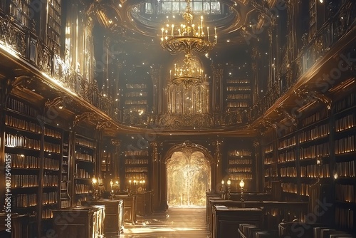 Fond d'écran bibliothèque majestueuse avec éclairage doré et livres anciens
