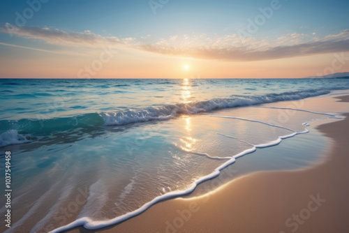 Serene sunset over tranquil sea waves gently washing onto sandy beach. Bright light of setting sun reflected on water's surface, peaceful and calming atmosphere. For travel, nature, relaxation themes