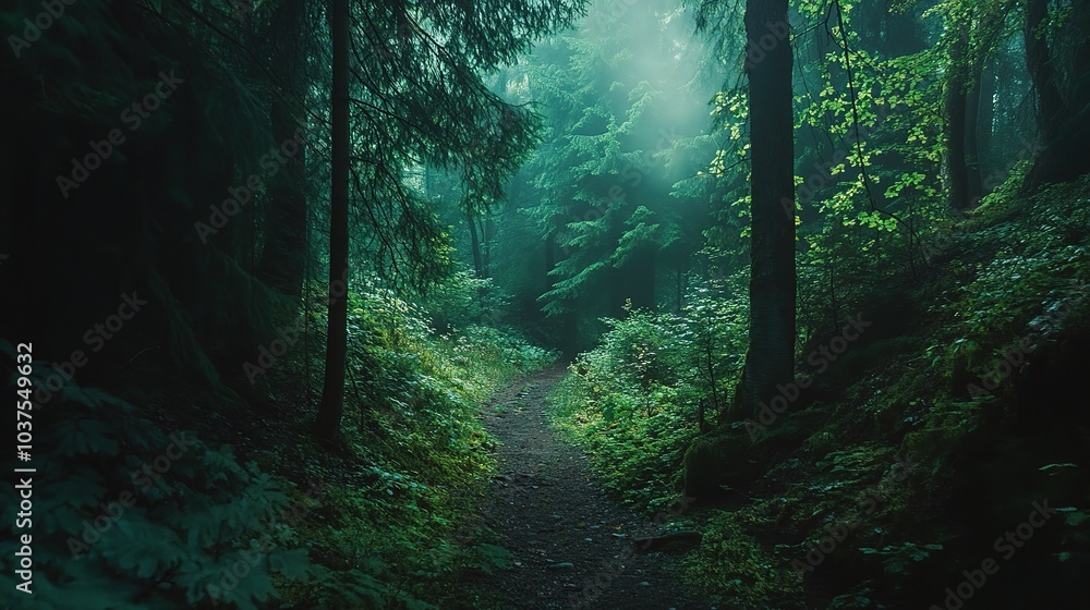 Fototapeta premium Misty Forest Path: A solitary figure ventures down a mysterious path, shrouded in an ethereal mist, through a lush, verdant forest. The scene evokes a sense of wonder, tranquility, and the unknown.