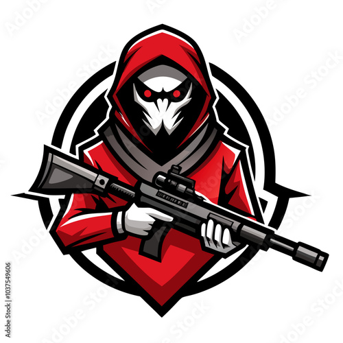  A striking image presents a formidable figure draped in a crimson hood, brandishing a modern rifle, embodying power and mystery."