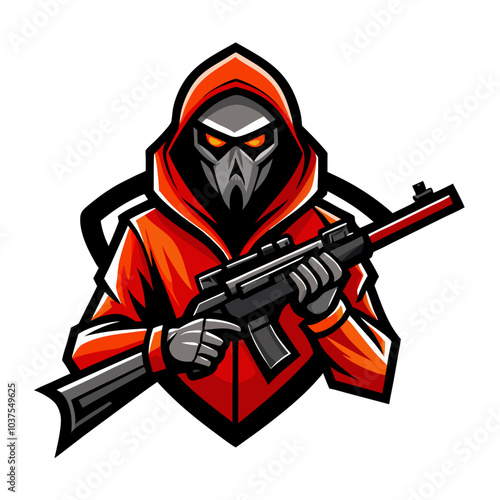  A stylized, dynamic illustration of an e-sports character, poised in a striking pose, holding a rifle. A fusion of gaming and action.