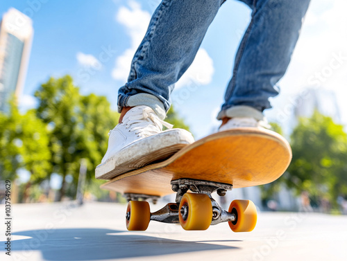 
Close up on legs and skateboard of man skating in city.  photo