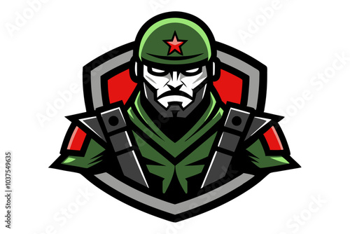  A powerful illustration depicting a stoic, masked soldier with a star emblem, set against a shield, embodying protection, duty, and strength.