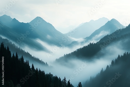 Fond d'écran montagnes enveloppées de brume avec forêt sombre en premier plan

