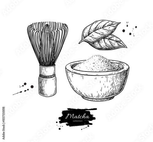 Matcha tea vector drawing. Bowl with matcha powder, green tea leaves, and bamboo whisk sketch. 