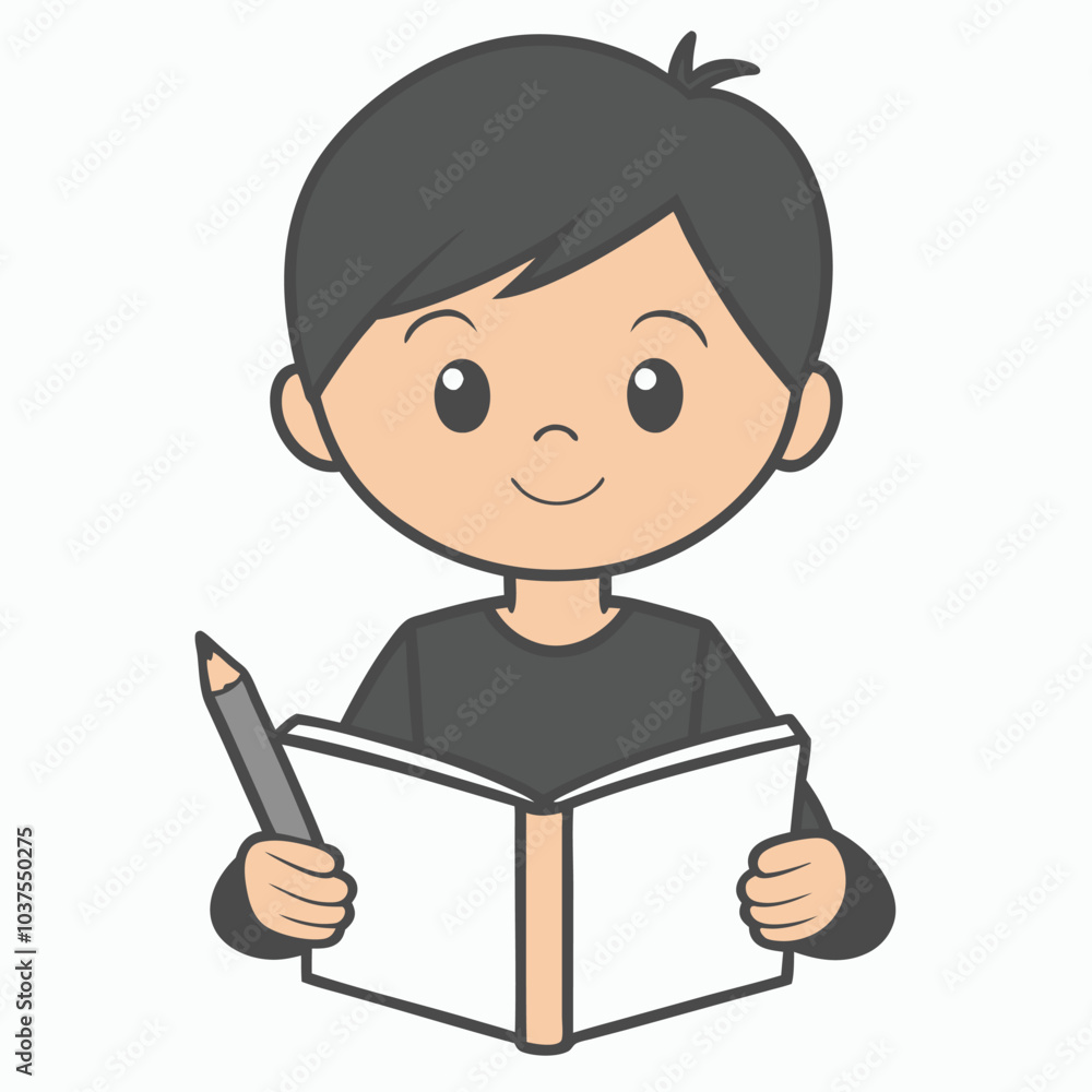 Boy Reading Book Outline Vector Illustration | Minimalist Line Art on White Background Boy Reading Book Outline Vector Illustration | Minimalist Line Art on White Background